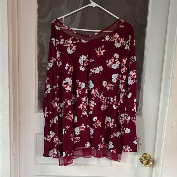 Lane Bryant Women’s Floral Burgundy Red Long Sleeve Top Size Mesh Neckline 22/24 - Picture 6 of 6